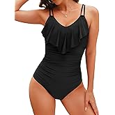 Tempt Me Women One Piece Swimsuit Ruched Tummy Control Bathing Suit Ruffle V Neck Double Straps Swimwear