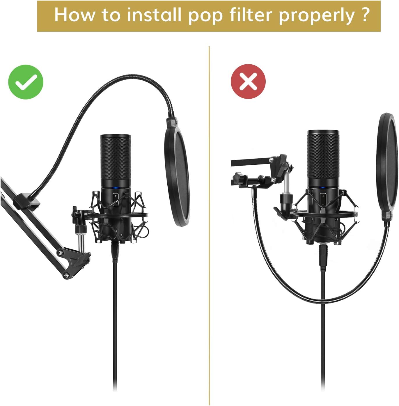 Microphone Arm Stand, TONOR Adjustable Suspension Boom Scissor Mic Stand with Pop Filter, 3/8" to 5/8" Adapter, Mic Clip, Upgraded Heavy Duty Clamp for Blue Yeti Nano Snowball Ice and Other Mics(T20): Musical Instruments