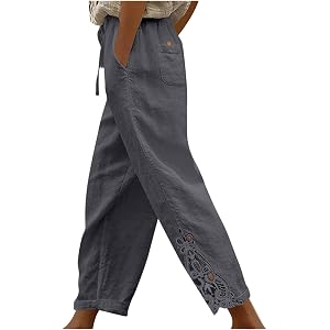 Cotton Linen Pants Women Dressy Casual Straight Leg Pants Elastic Waist Side Lace Pant with Pockets and Drawstring