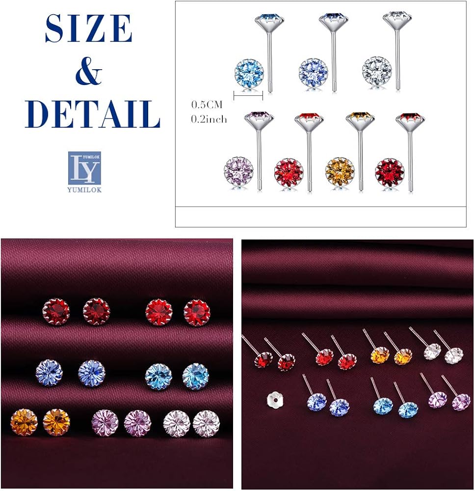 Womens Stud Earrings 7 works 925 Sterling Silver Earrings Cubic Zirconia Studs Hypoallergenic Earring Set - Image 3
