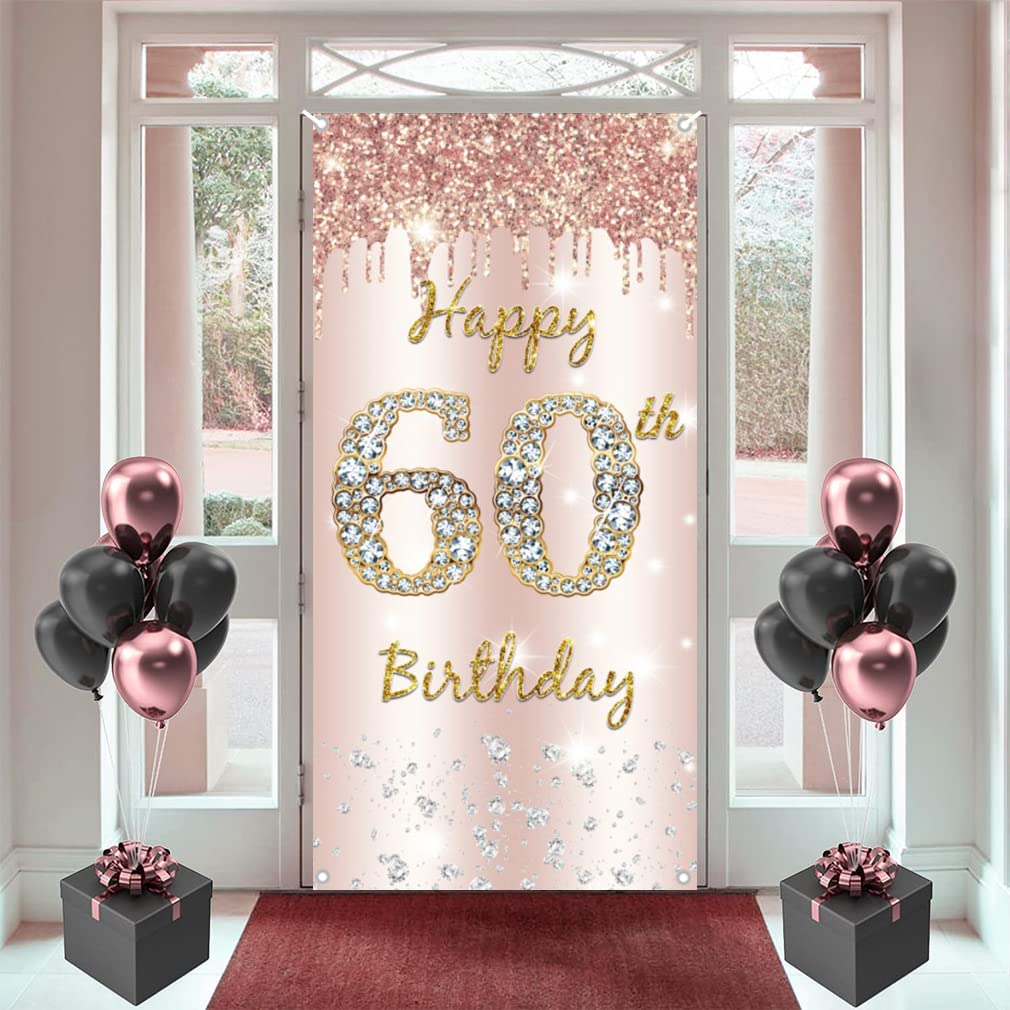 60th Birthday Decorations for Women, Happy 60th Birthday Backdrop Banner Rosegold Fabric Sign Poster, Woman Birthda y Door Banner Party Welcome Sign