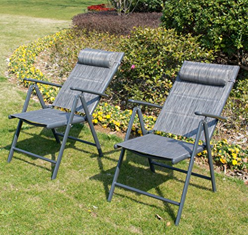 PatioPost Outdoor Adjustable Folding Recliner Aluminum Patio Sling Chairs with 7 Stalls, Set of 2 - Grey