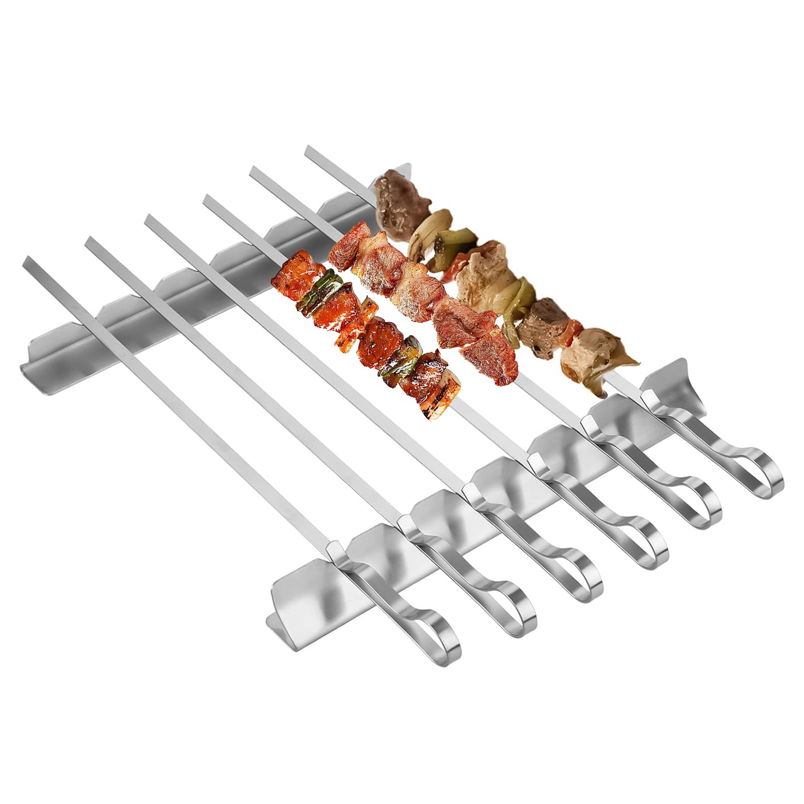 Barbecue Sticks Set, 6-Piece BBQ Forks 42cm, Flat Metal Grill Skewers 8mm, Reusable Kebab Skewers BBQ Tool, 2 Rack Included - Stainless Steel Outdoor Living Skewer Kit