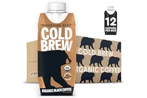 Wandering Bear Straight Black Organic Cold Brew Coffee On-the-Go, 11 fl oz, 12 pack - Extra Strong, Smooth, Organic, Unsweetened, Shelf-Stable, Ready to Drink Iced Coffee, Cold Brewed Coffee, Cold Coffee