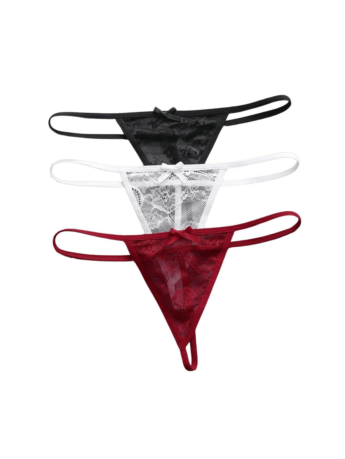Photo 1 of SHENHE Women's 3 Pack Lace G String Thongs Low Rise T Back Sexy Panty Bow Tanga Underwear Black White Red X-Small