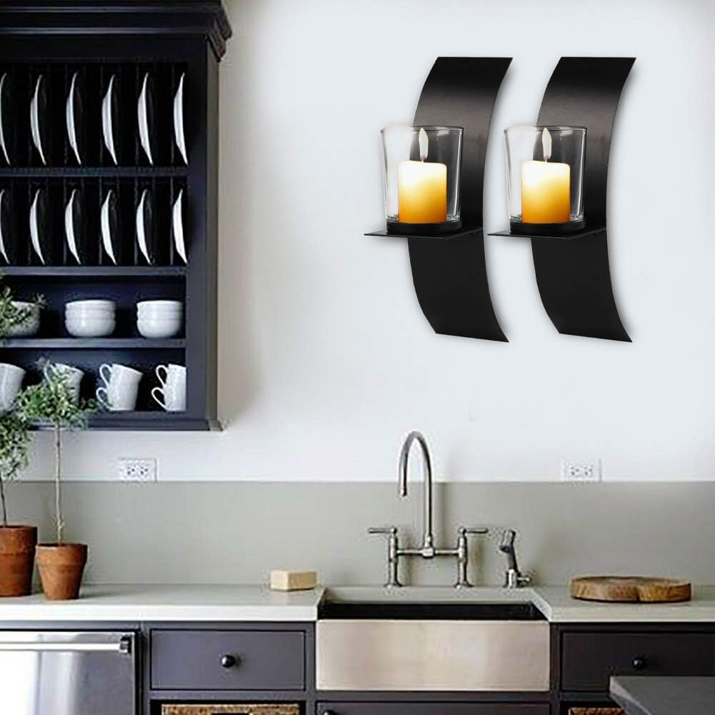 POHOVE 2 Pcs Modern Art Candle Holder For Wall Iron Art Candle Holder With Glass Cup Wall Sconces Set Of Two Candle Holder Metal Black for Home Wedding Living Room Decoration - Image 5