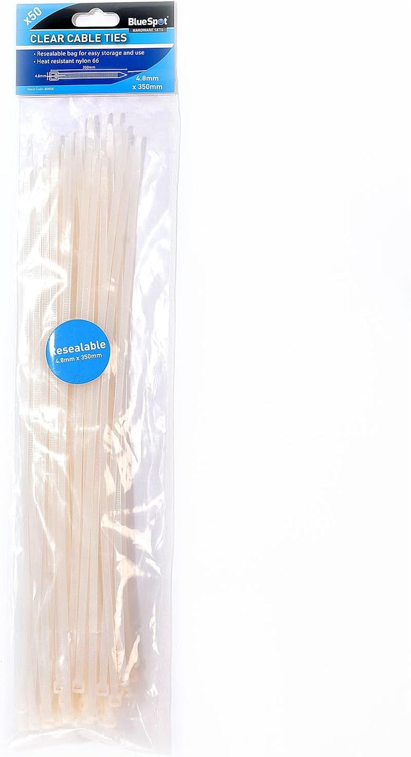 Blue Spot Tools 40054 Cable Ties 4.8x350mm Clear Heavy Duty 50 Piece Set