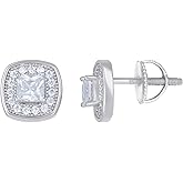 Sterling Silver Or Yellow-Tone Mens Princess-Cut Round Cubic-Zirconia Square Stud Earrings