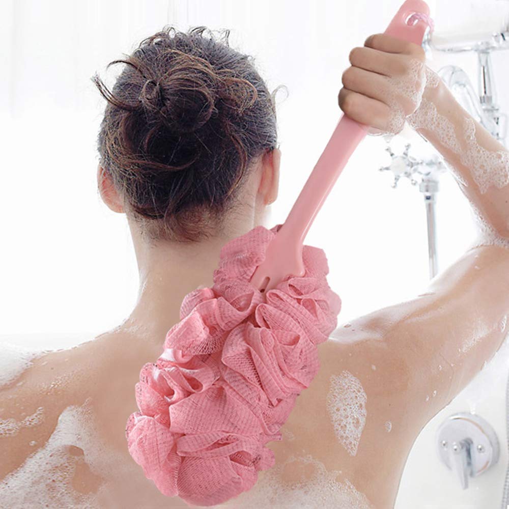 Back Scrubber for Shower, Long Handle Bath Sponge Shower Brush, Soft Nylon Mesh Back Cleaner Washer, Body Bath Brush for Women and Men, Bathroom Shower Accessories (Pink) : Beauty