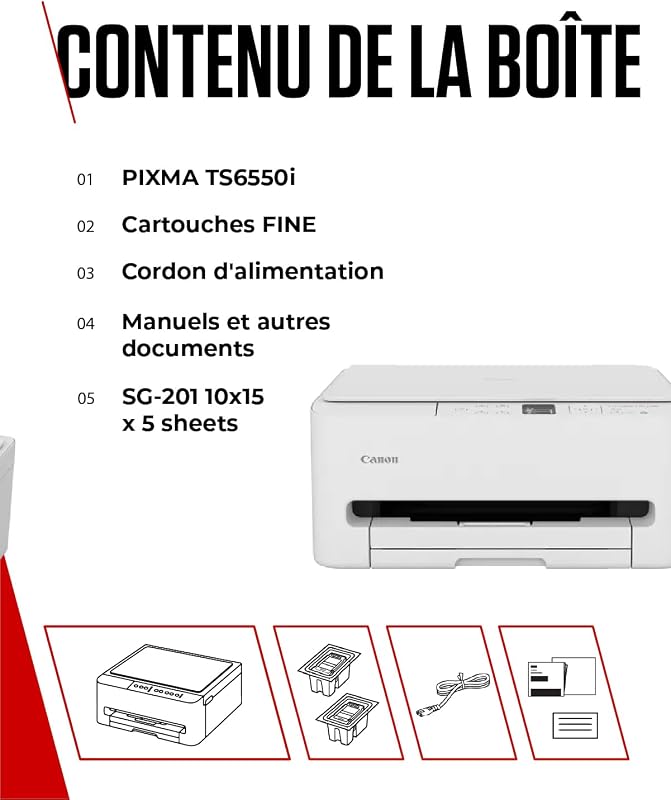 PIXMA TS6550i – Imprimante Jet d’Encre Multifonction Wi-FI – Impression Rapide Recto Verso – Format A4 et 10x15 cm PIXMA Print Plan - Inclus Papier Photo A4 SG-201, 5 Feuilles