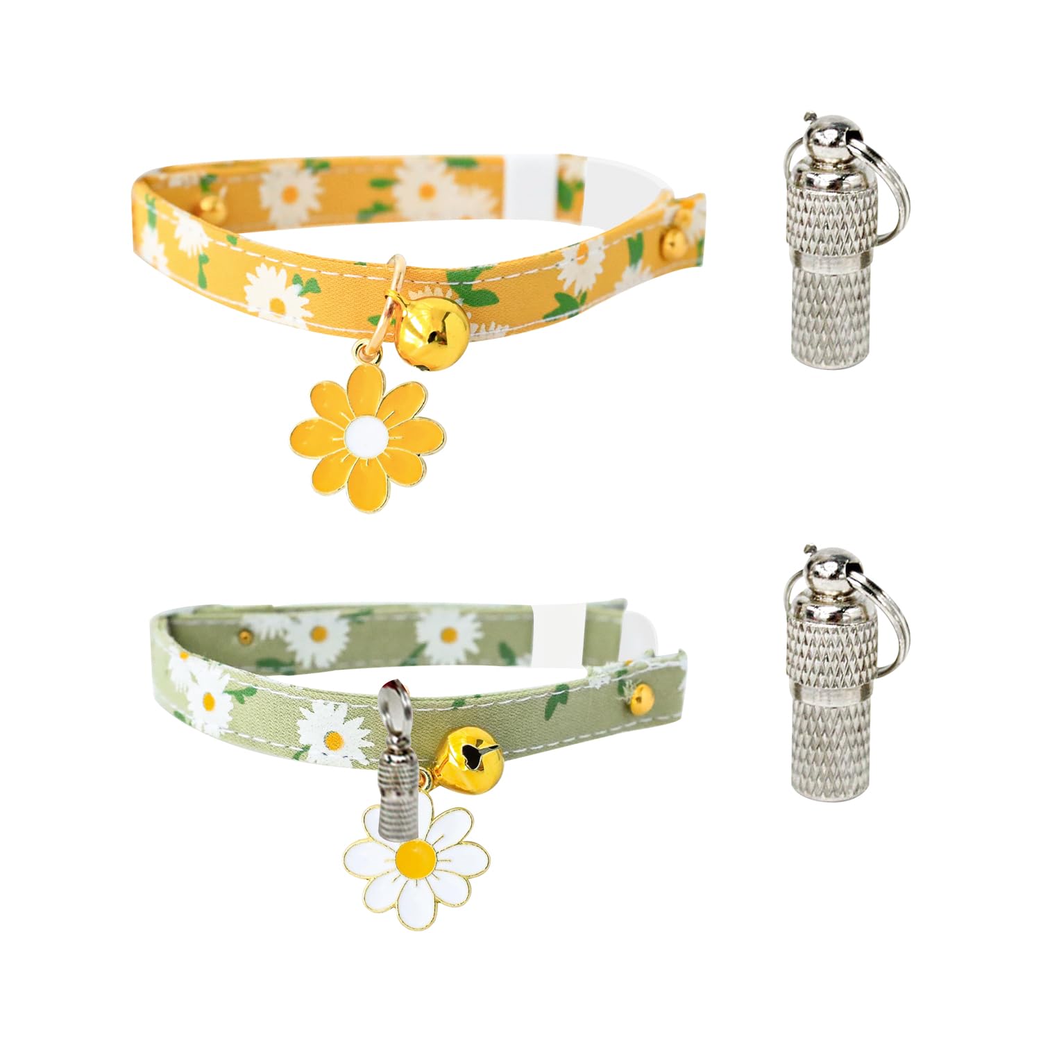 2 Pack Pet Collars With 2 Pet Status Pendants With Bell Collars, Cotton Cat Collars, Flower Pendants Cute Cat Necklaces For Pet Cats, Etc. (Yellow, Green)