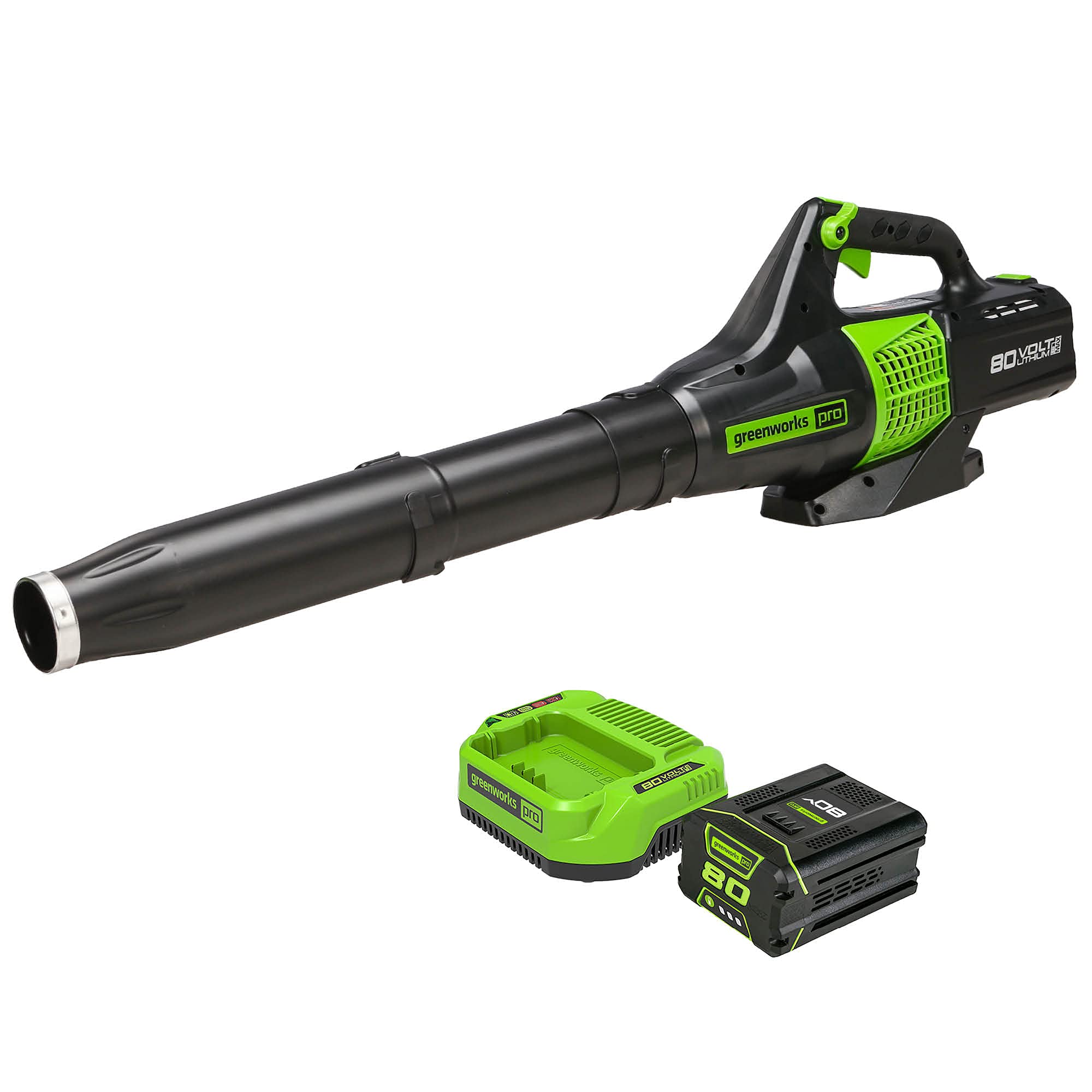 Greenworks 80V (150 MPH / 500 CFM / 75+ Compatible Tools) Cordless Axial Leaf Blower, 2.0Ah Battery and Charger Included Image Greenworks 80V (150 MPH / 500 CFM / 75+ Compatible Tools) Cordless Axial Leaf Blower, 2.0Ah Battery and Charger Included Image