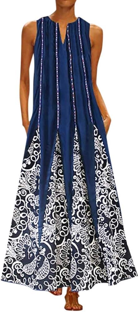 Weant Women's Vintage Boho Print High Split Maxi Dress W/ Pockets