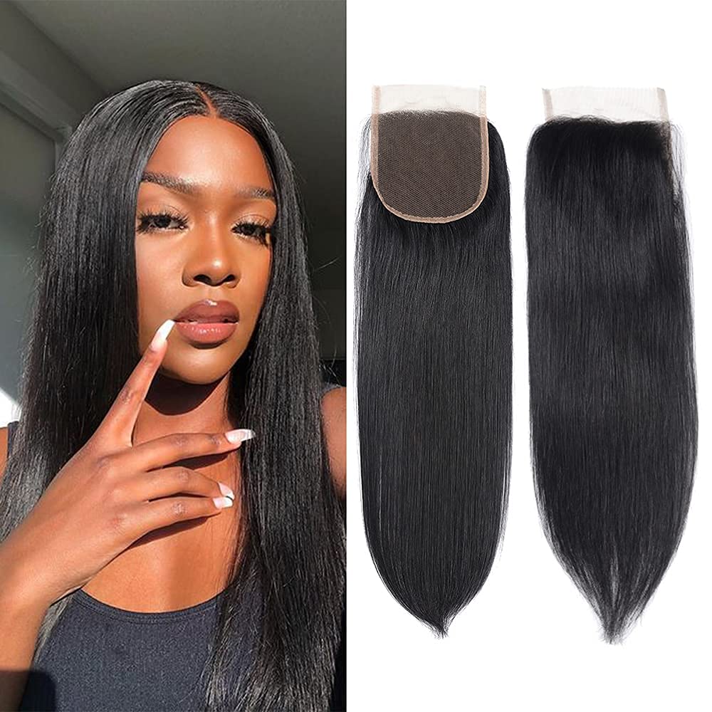 TOOCCI Straight Hair Lace Closure 4x4 Three Part Human Hair Brazilian Virgin 100% Unprocessed with Baby Hair Natural Color 8inch