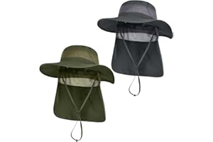 KIRAAT 2 Pack Mens UPF 50+ Wide Brim Sun Hat with Neck Flap for Fishing Hiking Garden