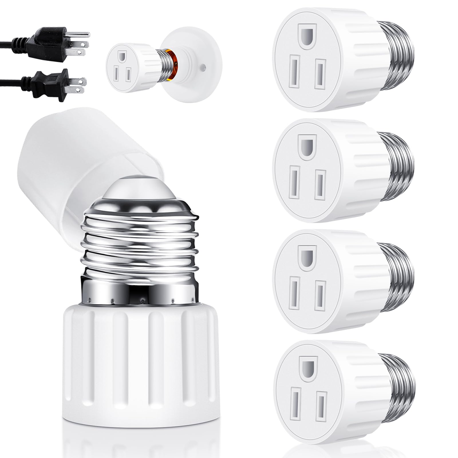 Photo 1 of (4 Packs) 3 Prong Light Socket to Plug Adapter, E26 E27 Light Socket Outlet Adapter, Stability Performance & Professional Materials (White)