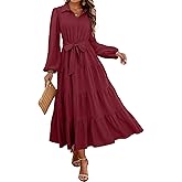 dowerme Women's Long Sleeve Dress 2026 Button Down Belted A-Line Flowy Spring Outfits Ruffle Maxi Holiday Party Dresses