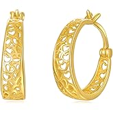 14K Solid Gold Filigree Earrings for Women Real Yellow Gold Heart Hoop Earrings Minimalist Jewelry Mother's Day Gifts for Wife Mom