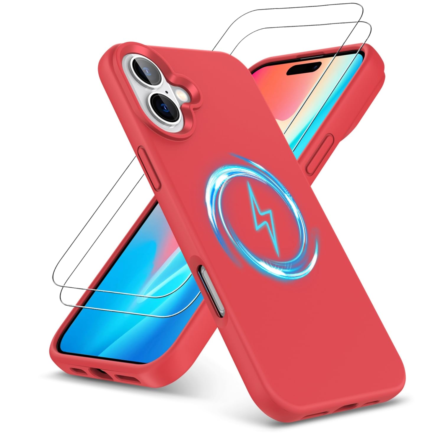 PIXFAB for iPhone 16 Case with 2 x Screen Protector Tempered Glass, [Compatible with Magsafe] Liquid Silicone Shockproof Armour Protective [Soft Touch] Rubber Gel Phone Cover - Red