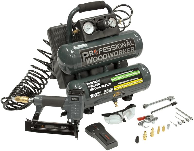 Professional Woodworker 51735 Electronic Stud Finder trim kit 2-Gallon Twin Stack Air Compressor with 1-1/4-Inch Brad Nailer, 20-Piece
