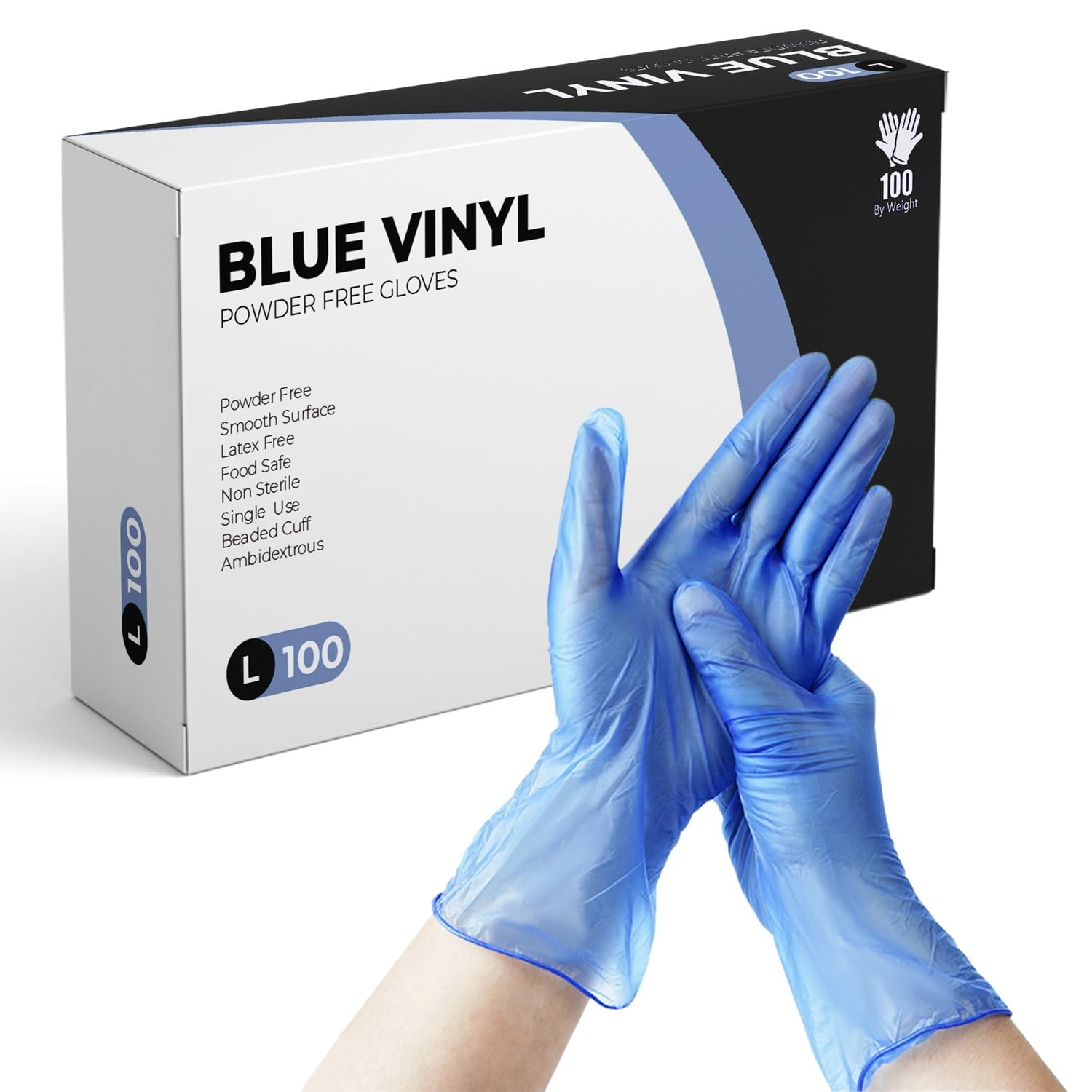 eatasty Disposable Gloves, Size L, Pack of 100, Blue Vinyl Gloves, Powder Free, Latex Free, Comfortable Fit, Suitable for Food Handling, Cleaning, Hairdressing & Multi-Purpose Use