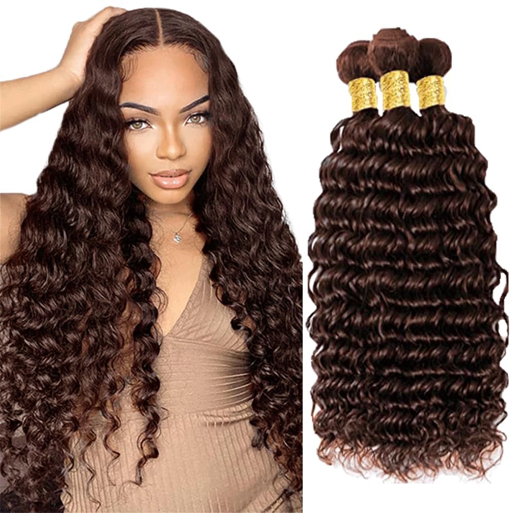 Photo 1 of Peenoll Human Hair Bundles 18 20 22 Inch Chocolate Brown 4# Deep Wave Bundles Human Hair 100% Unprocessed Soft Sewn In Hair for Black Women with Double Weft