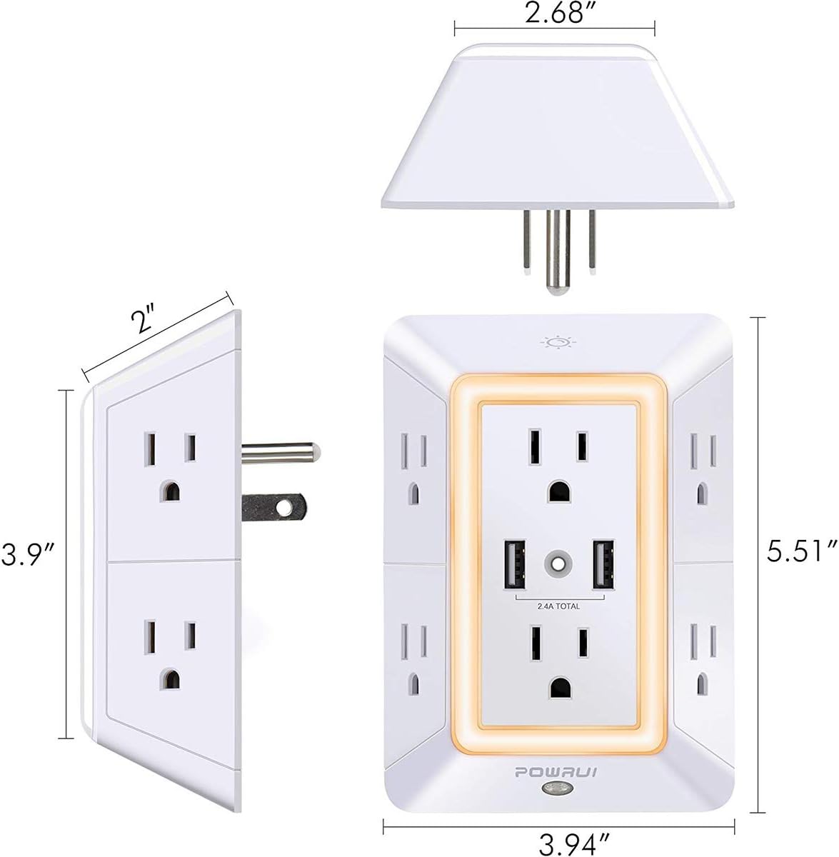 USB Wall Charger, Surge Protector, POWRUI 6-Outlet Extender with 2 USB Charging Ports (2.4A Total) and Night Light, 3-Sided Power Strip with Adapter Spaced Outlets - White，ETL Listed: Electronics