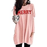 GLIGLITTR Women Merry Christmas Shirt Glitter Patch Long Sleeve Tunic Top Xmas Holiday Tshirt Dress Blouse Outfit with Pocket