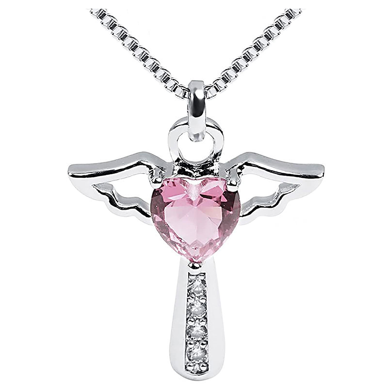 Birthstone Cross Necklace Crystal Angel Wing Pendant Necklace Chain Heart Charm Jewelry for Women Girls Mom Gifts (Pink)