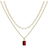 Vrsilver Layered Birthstone Necklace for Women Girls, 14K Gold-Plated Paperclip Chain Choker Necklace with Rectangle Birthstone Pendant Birthday Gifts for Women Girls Dainty Small