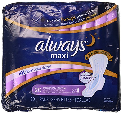 Always Maxi Overnight Extra Heavy Flow With Wings, Unscented Pads 20 Count (Pack of 2)