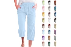LRMQS Capri Pants for Women Casual Summer 2024 Drawstring Capris Linen Pants Pockets Beach Straight Wide Leg Cropped Trousers