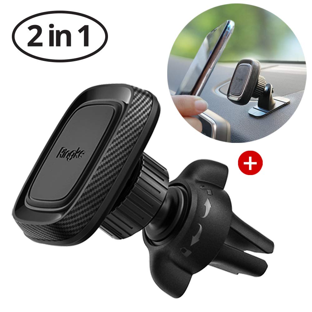 Ringke Power Clip Air Vent Phone Holder Car Mount Double Knob Space Saving Technology Safe Magnet Air Vent and Dashboard Stand [2 in 1 Package]