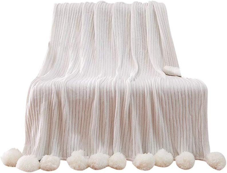 Calyvina Bed Couch Throw Blankets with Pom Poms Super Soft Blanket Bedding Sofa Cover,150x200cm,White
