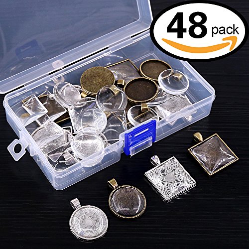 Glarks 48-Pieces Round and Square Pendant Trays with Glass Cabochon Dome Tiles Clear Cameo for Crafting DIY Jewelry Making, 24 Sets
