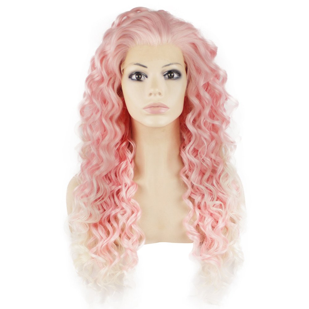 Iwona Long Heat Resistant Synthetic Hair White tip Pink Celebrity Stylish Curly Lace Front Wig