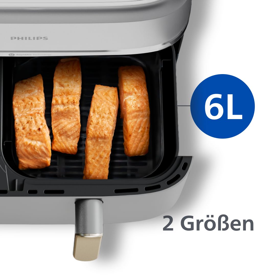 Philips Airfryer 3000 Series Dual Basket, Heißluftfritteuse mit 2 Körben, 9L Kapazität (6L+3L), RapidAir Plus Heißlufttechnologie, 90% weniger Fett, Rezepte-App, Spülmaschinenfest, Weiß (NA353/10) 6