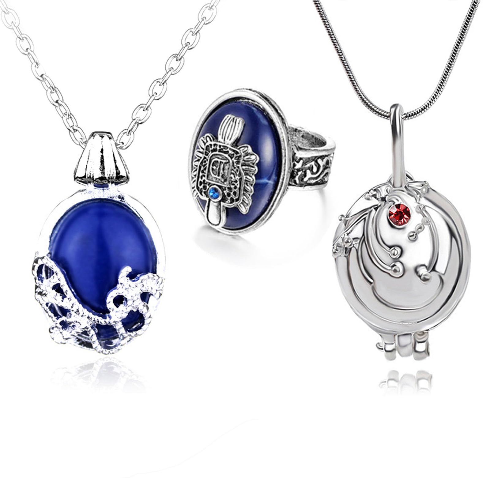 HJYZY 3 pcs The Vampire Jewelry Katherine Sapphire Crystal Necklaces Elena Gilbert Opening Vervain Locket Pendant Daylight Walking Signet Damon's Ring