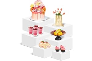 EYUNSTAR 6 Pcs Buffet Risers, Buffet Supplies Catering Stands Acrylic Food Display Risers for Party Table Stackable Boxes with Hollow Bottoms for Dessert Jewelry Makeup Perfume, White (5" 6" 7" 8" 9" 10")