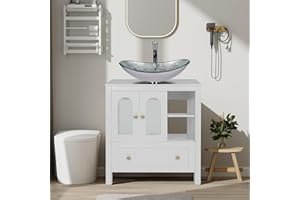SOLIDEE 30" Bathroom Vanity with Sink, Freestanding Bathroom Storage Cabinet with Sink Combo, Modern Vanity Cabinet with 2 Water Ripple Doors and 1 Drawer, Soft-Close Design, Silver Glass Boat Sink Top, White