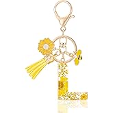 MWOOT Initial Letter Keychain Resin Alphabet Keyrings,Yellow Petals Gold Foil Key Ring Key Chain Charm