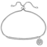 Hoops & Loops Sterling Silver Cubic Zirconia Love Charm Bar Adjustable Pullstring Bracelet