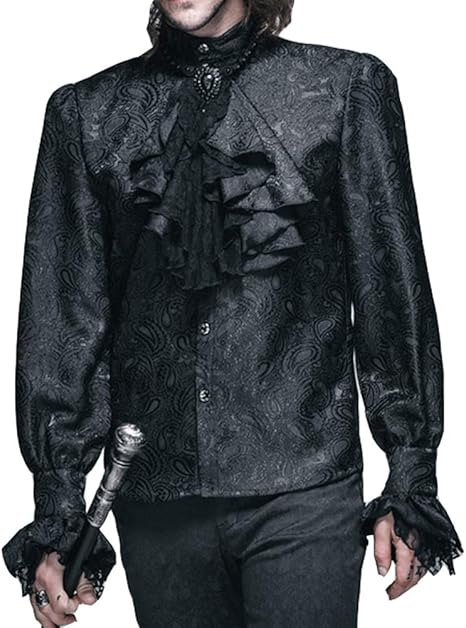 Amazon 中世ヨーロッパ シャツ 貴族服 王子様 ゴシック カラオケ 男性 舞台 衣装 大きいサイズ トップス 刺繍 レース スタンドカラー 黒 白 袖付き 演出 イベント ステージ ハロウィン カップル コスプレ ブラックコーデ ロング ブラック L コスプレ 仮装 通販