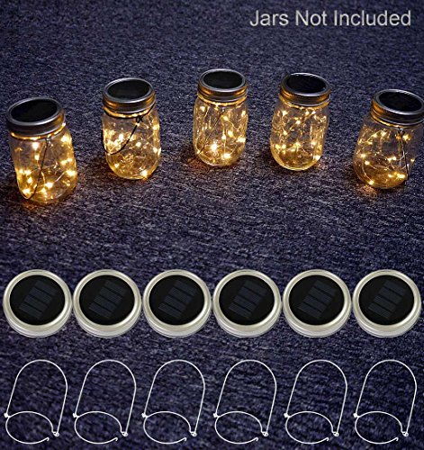 Solar Mason Jar Lid Lights, 6 Pack 20 Led String Fairy Star Firefly Jar Lids Lights,6 Hangers included(Jars Not Included), Best for Mason Jar Decor,Patio Garden Decor Solar Laterns Table Light