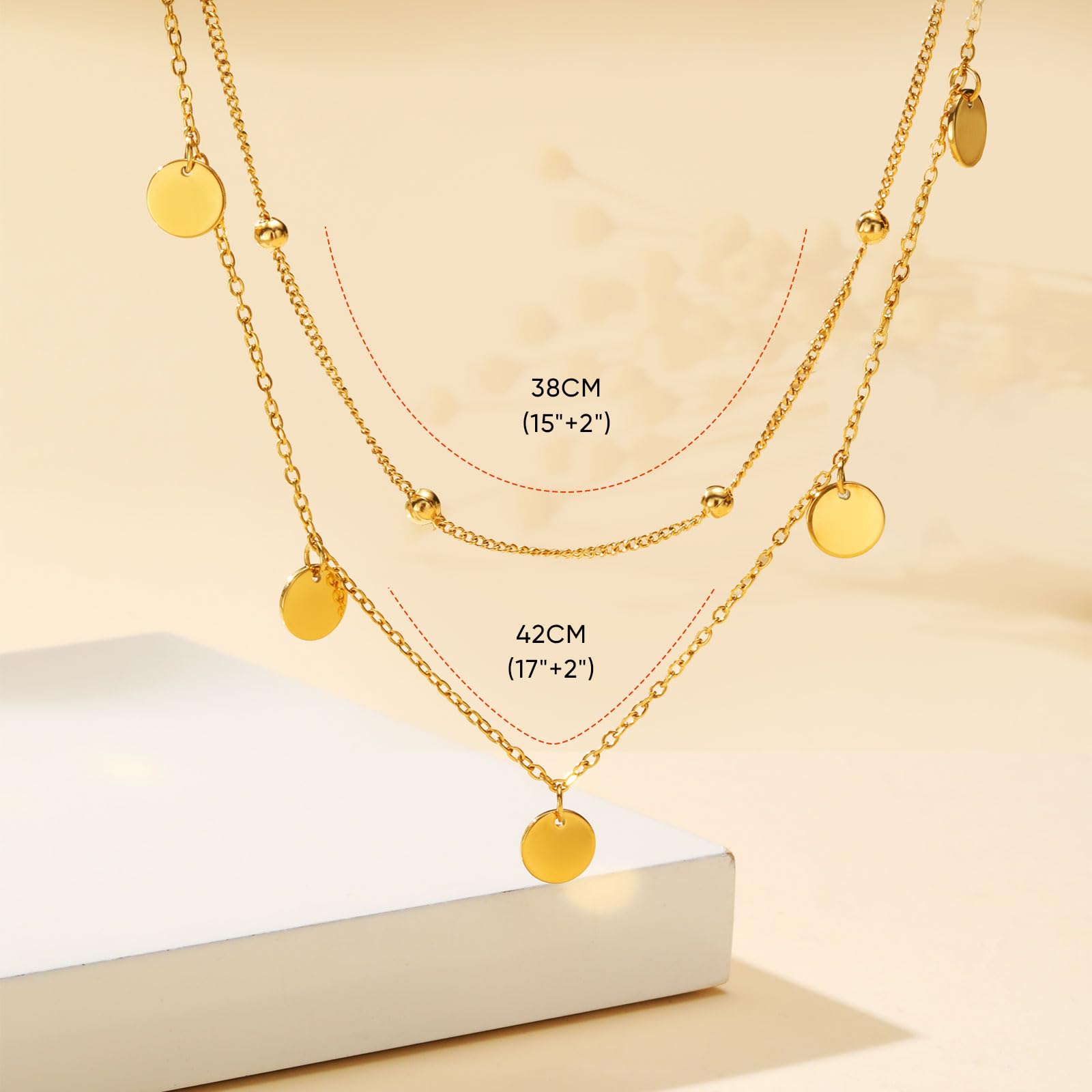 TempBeau Halskette Damen mit Kleinen Runden Plättchen, 18K Vergoldet Halsketten für Frauen aus Edelstahl, Layering Kette Damen 40+5 CM für Geburtstag Muttertag Jahrestag Geschenk (Runde Marke) 4