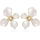 White Flower Earrings, 1Pair Enamel Irregular Petal Earrings for Women, Elegant Statement Jewelry for Wedding Beach Gift