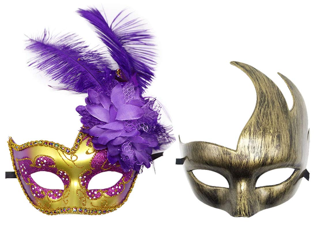 Coolwife Couple Feather Mask Masquerade Halloween Mardi Gras Cosplay Party Costume Masks (Couple Gold Purple)