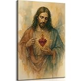 Framed Sacred Heart of Jesus Canvas Wall Art Divine Mercy Wall Decor Pictures Jesus Portrait Poster Print Christian Religious Painting Artwork for Living room bedroom decoration 12x16in