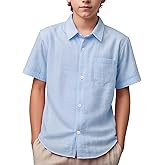 Spring&Gege Boys' Short Sleeve Button Down Shirts Linen Textured Summer Beach Shirt Soild