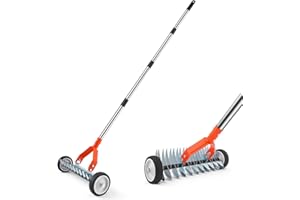 Thatch Rake with Wheels, 37-65.35'' Adjustable Dethatching Roller Rake Adjustable 0-12° Angle Stainless Steel Blades Heavy Du